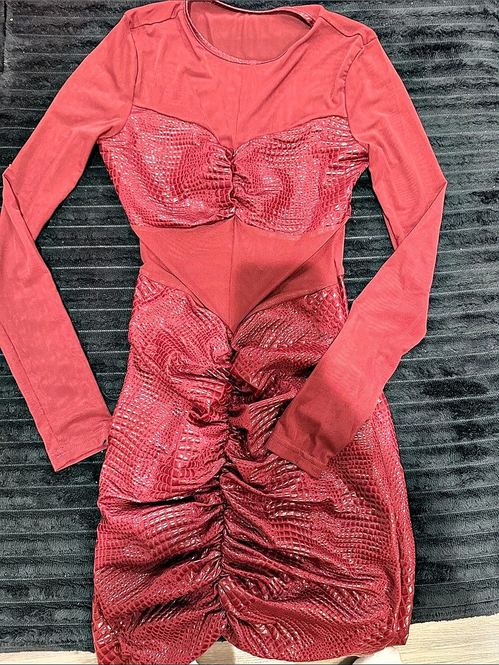 SHEIN SXY Snakeskin Print Red Ruched Long Sleeve Mini Dress Like New